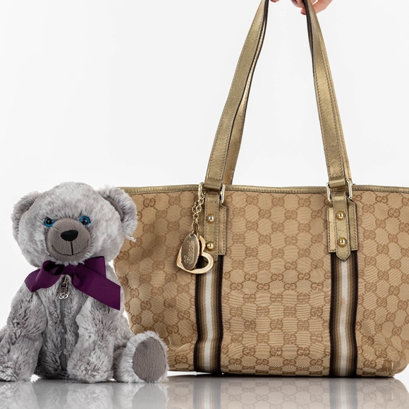 Gucci Handbags - GUCCI Sherry Tote Bag Beige Gold GG Canvas Leather